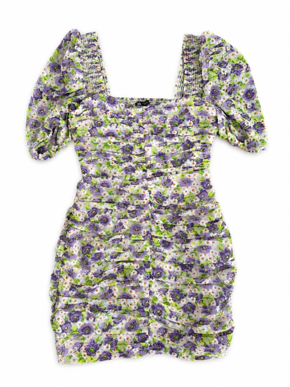 Zara Floral Ruched Mini Dress Puff Sleeve Cottagecore Size M